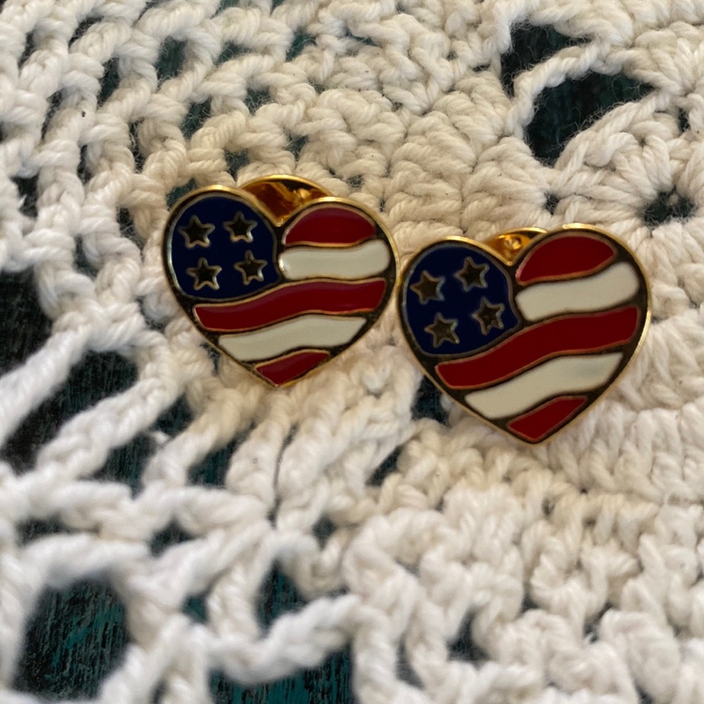 2 Avon heart shaped American flag pin/brooch